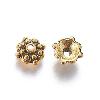 Tibetan Style Alloy Bead Caps, Multi-Petal, Antique Golden, Lead Free and Cadmium Free, Flower, Size: about 8mm in diameter, 3mm thick, hole: 1mm