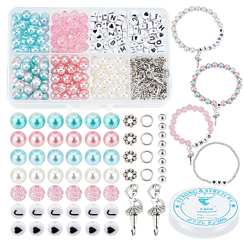 Elite DIY Imitation Pearl Bracelet Making Kits, Including Round & Letter Acrylic Beads, Alloy Baller Dancer Pendants, Mixed Color, Imitation Pearl Beads: 120Pcs/set
