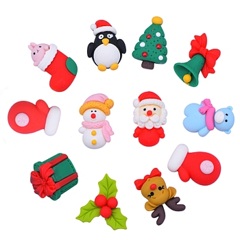 22Pcs 11 Style Resin Cabochons, Christmas Theme, Santa Claus & Christmas Tree & Snowman & Jingle Bell & Gift & Bear & Elk & Flower & Stocking & Penguin & Glove, Red, 25x15mm