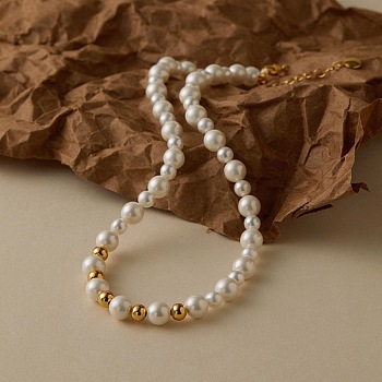 Vintage Shell Pearl Round Beaded Collar Necklaces for Women, Real 18K Gold Plated, White, 17.17 inch(43.6cm)