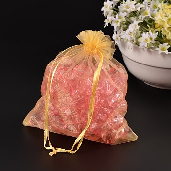 Valentines Day Gifts Packages Organza Bags, with Ribbons, Rectangle, Gold, Size: about 14cm wide, 17cm long