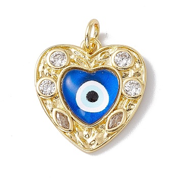 Brass Micro Pave Clear Cubic Zirconia Pendants, with Resin and Jump Rings, Lead Free & Cadmium Free, Heart with Eye, Real 18K Gold Plated, Royal Blue, 21x19.5x4.5mm, Hole: 4mm