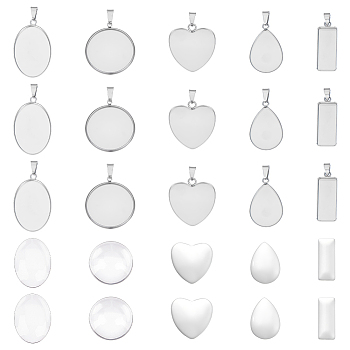 DIY Blank Pendant Making Kit, Including 304 Stainless Steel Pendant Cabochon Settings, Glass Cabochons, Heart & Oval & Teardrop & Rectangle, Stainless Steel Color, 40Pcs/box