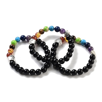 Chakra Round Natural Obsidian Beaded Stretch Bracelets, Paw Print Alloy Bracelets for Women, Inner Diameter: 2 inch(5.2cm)