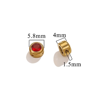 304 Stainless Steel Glass Beads, Birthstone Beads, Flat Round, Real 18K Gold Plated, FireBrick, 6x4mm, Hole: 1.4mm