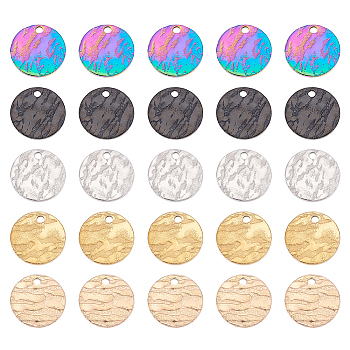 Elite 50Pcs 5 Colors 304 Stainless Steel Charms, Textured, Laser Cut, Flat Round, Mixed Color, 12x1mm, Hole: 1.4mm, 10pcs/color