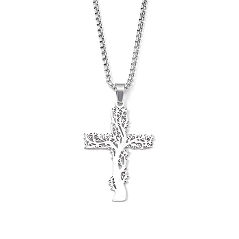 201 Stainless Steel Pendant Necklaces for Man, Cross, Stainless Steel Color, 23.50 inch(59.7cm), Cross: 42x28x1.3mm