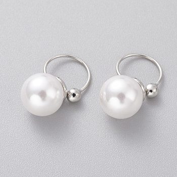 Brass Cuff Earrings, with Acrylic Imitation Pearl Beads, Round, Cadmium Free & Lead Free, Platinum, White, 16mm