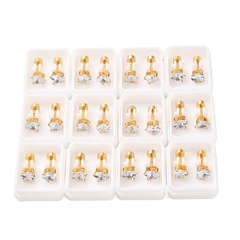 Heart Glass Ear Fake Plugs, 304 Stainless Steel Piercing Stud Screw Earrings for Women, Golden, Clear, 6x6mm, Pin: 1mm