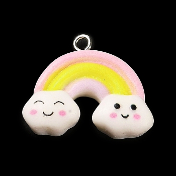 Opaque Resin Pendants, Rainbow Charms with Platinum Plated Iron Loops, Yellow, 20.5x25x7mm, Hole: 2mm