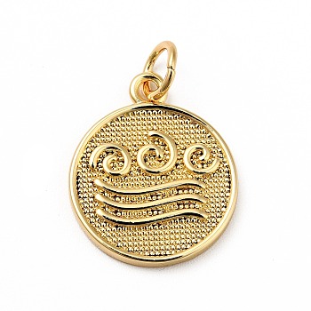 Rack Plating Brass Pendants, with Jump Ring, Cadmium Free & Nickel Free & Lead Free, Flat Round with Wave, Real 18K Gold Plated, 16.5x13.5x1.5mm, Hole: 3.6mm
