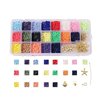 DIY Heishi Beads Jewelry Kits, with Handmade Polymer Clay Beads, Alloy Pendants, Elastic Thread, Brass Spacer Beads & Ball Head Pins & Jump Rings, Scissors, Golden, 4x1mm, Hole: 1mm, about 5320~5700pcs