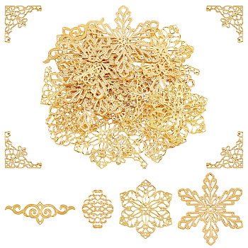 Elite 5 Style Iron Filigree Joiners Links, Hollow, Snowflake/Flower/Triangle, Golden, 22~55x30~65x0.5~1mm, 96pcs/box