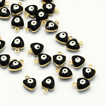 Golden Tone Brass Enamel Charms, Enamelled Sequins, Heart with Eye, Black, 9x7x5mm, Hole: 1mm