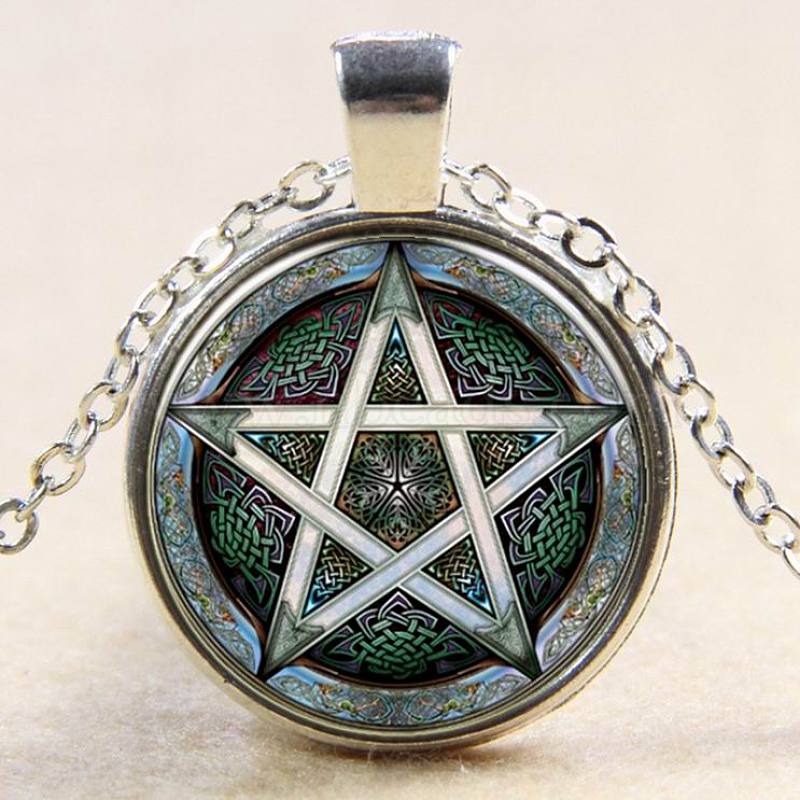 Star Pattern Flat Round Glass Necklaces, Wicca Jewelry, with Alloy Chains, Silver Color 18 inch