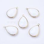 Golden Tone Brass Glass Teardrop Pendants, Faceted, Snow, 18x10x5mm, Hole: 2mm(GLAA-M006-A-22G)
