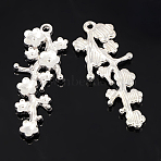 Alloy Pendants, Flower/Plum Blossom, Silver Color Plated, Lead Free and Cadmium Free and Nickel Free, 42x19x2mm, Hole: 2mm(EA11641Y-NFS)
