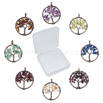 8Pcs 8 Colors Gemstone Pendants, with Red Copper Brass Findings, Red Copper, Flat Round with Tree of Life, 29x5~7mm, Hole: 4.5mm, 1pc/color(G-SC0002-21R)