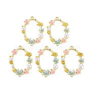 Alloy Enamel Pendants, with ABS Plastic Imitation Pearl, Oval with Flower, Light Gold, 33.5x23x5mm, Hole: 1.8mm(PALLOY-T070-35)