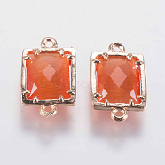 Glass Links connectors, with Brass Finding, Faceted, Rectangle, Golden, Tomato, 15x9x4mm, Hole: 0.6mm(GLAA-G056-04A)