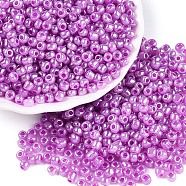 Glass Seed Beads, Ceylon, Round, Medium Orchid, 4mm, Hole: 1.5mm, about 4500pcs/pound(SEED-A011-4mm-150)