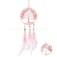 2Pcs 2 Style Brass Woven Web/Net with Feather Pendant Decorations, wtih Tree of Life Natural Crystal Quartz & Synthetic Cherry Quartz Glass Chips, Silver, Pendant Decorations: 505mm, Pendants: 36~36.5x30~31x5mm(HJEW-GF0001-37)