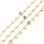 Natural Turquoise Column Beaded Chains, with Brass Paperclip Chains and Star Charm, Soldered, with Spool, Lead Free & Cadmium Free, Golden, 2x1x0.5mm, 5x3x1mm(CHC-K012-02G-07)