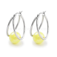 304 Stainless Steel & Plastic Imitation Pearl Oval with Ball Hoop Earrings for Women, with 316 Stainless Steel Pins, Yellow, 32x15.5x19.5mm(EJEW-C096-13P-04)