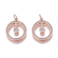 Brass Micro Pave Clear Cubic Zirconia Pendants, Long-Lasting Plated, With Jump Rings, Flat Round, Rose Gold, 19x16x2mm, Hole: 3mm, Jump Ring: 5x1mm(ZIRC-Z008-16RG)