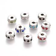 Brass European Style Clasps, with Rhinestone, Platinum Metal Color, Column, Mixed Color, 10.5x5.8mm, Hole: 3mm(KK-Q157-M)