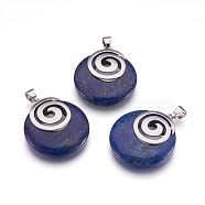 Natural Lapis Lazuli Pendants, with Platinum Tone Brass Findings, Flat Round, 32x28x6mm, Hole: 4x5mm(KK-F751-D20)