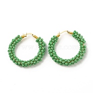 Glass Seed Beaded Hoop Earrings for Women, Real 18K Gold Plated Big Circle Brass Hoop Earrings, Green, 44x45x8.5mm, Pin: 1.4x0.4mm(EJEW-C003-02I-RS)