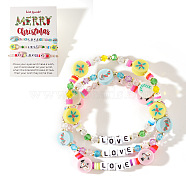 3Pcs Christmas Theme Handmade Polymer Clay & Glass Bicone Beads Stretch Bracelet Sets, with Word Love, Mixed Color, 6-7/8 inch(17.5cm)(QY3550-10)