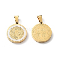 304 Stainless Steel Pendants, with Shell, Flat Round with Saint Benedict, Golden, 20x18x2.5mm, Hole: 6.5x4.5mm(STAS-I121-14G)