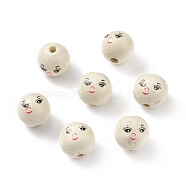 (Defective Closeout Sale: Marking) Printed Natural Wood European Beads, Undyed, Large Hole Beads, Round with Expression Pattern, PapayaWhip, 17~18x17mm, Hole: 4mm(WOOD-XCP0001-54)