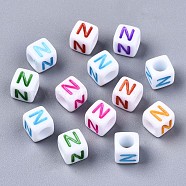 Acrylic Beads, Horizontal Hole, Cube with Mixed Color Letter, Letter.N, 6x6x6mm, Hole: 3mm, about 2600pcs/500g(MACR-T009-12N)