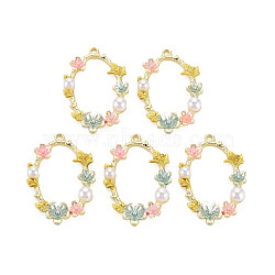 Alloy Enamel Pendants, with ABS Plastic Imitation Pearl, Oval with Flower, Light Gold, 33.5x23x5mm, Hole: 1.8mm(PALLOY-T070-35)