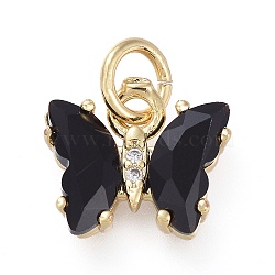 Brass Micro Pave Clear Cubic Zirconia Pendant, with Glass, Butterfly, Golden, Black, 12.5mm(ZIRC-P079-B01-10)