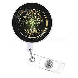 Flat Round ABS Plastic Badge Reel, Retractable Badge Holder, with Alligator Clip, Tree of Life Pattern, 82x33mm(JEWB-WH0036-012)
