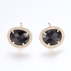 Brass Micro Pave Cubic Zirconia Stud Earring Findings, with Loop, Glass, Oval, Golden, Black, 16.5mm, Hole: 1mm, Pin: 0.8mm(X-ZIRC-G116-27-B01)