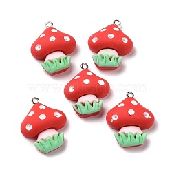 Opaque Resin Pendants, with Platinum Tone Iron Loops, Mushroom, Red, 28.5x23x9.5mm, Hole: 2mm(RESI-G032-I02)
