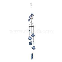 Resin Birds & Metal Bell & Wooden Feather Hanging Wind Chime Decor, for Home Hanging Ornaments, Steel Blue, 830mm(BIRD-PW0001-039C)