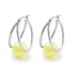 304 Stainless Steel & Plastic Imitation Pearl Oval with Ball Hoop Earrings for Women, with 316 Stainless Steel Pins, Yellow, 32x15.5x19.5mm(EJEW-C096-13P-04)