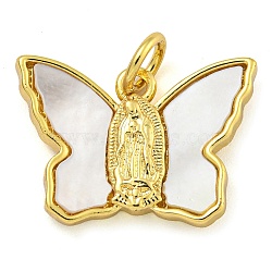Brass Pendants with Shell and Jump Rings, Cadmium Free & Lead Free, Butterfly Charms, Real 18K Gold Plated, 12x17.5x3mm, Hole: 3mm(KK-D534-01G)