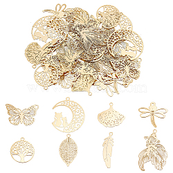 48Pcs 8 Style Rack Plating 201 & 304 Stainless Steel Filigree Pendants, Etched Metal Embellishments, Nickel Free, Mixed Shapes, Real 18K Gold Plated, 12~27x6~19x0.4mm, hole: 1.2mm, 6pcs/style(STAS-HY0001-33)