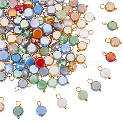 120Pcs Electroplate Opaque Glass Charms, with Golden Plated Brass Loops, Flat Round, Mixed Color, 12.5~13x8x4mm, Hole: 3~3.5mm(FIND-HY0001-36)