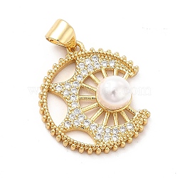 Brass Micro Pave Clear Cubic Zirconia Pendants, with ABS Plastic Imitation Pearl, Golden, Moon Charm, Snow, 21x18.5x6.5mm, Hole: 3.5x4.5mm(KK-M235-17G)