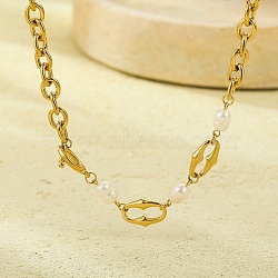 304 Stainless Steel Cable Chain Necklaces, Natural Freshwater Pearl Necklaces for Women, Real 18K Gold Plated, 19.80 inch(50.3cm)(NJEW-U031-12G)