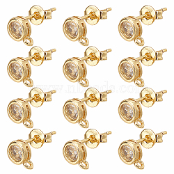 6 Pairs Rack Plating Brass Micro Pave Cubic Zirconia Stud Earring Findings, with Vertical Loops, Flat Round, Cadmium Free & Nickel Free & Lead Free, Golden, 7.5x5mm, Hole: 0.8mm, Pin: 0.7mm(KK-DC0001-35)