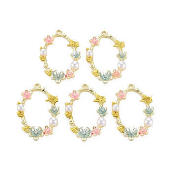 Alloy Enamel Pendants, with ABS Plastic Imitation Pearl, Oval with Flower, Light Gold, 33.5x23x5mm, Hole: 1.8mm